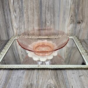 Vintage Pink Depression Glass Bowl, Ribbed Panel Etched Flower
